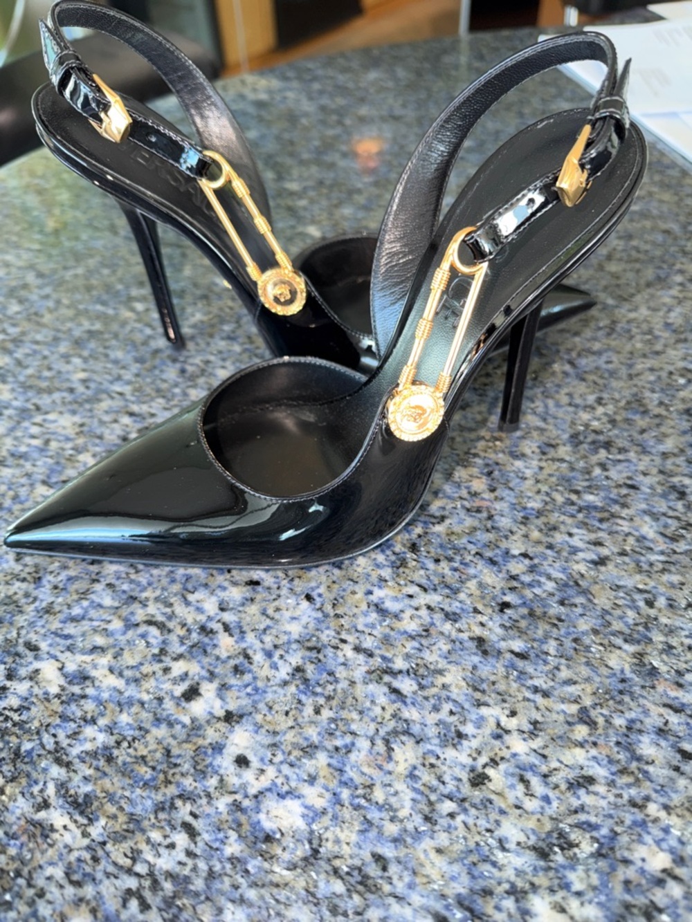 Versace black patent leather pointy toe sling back heels